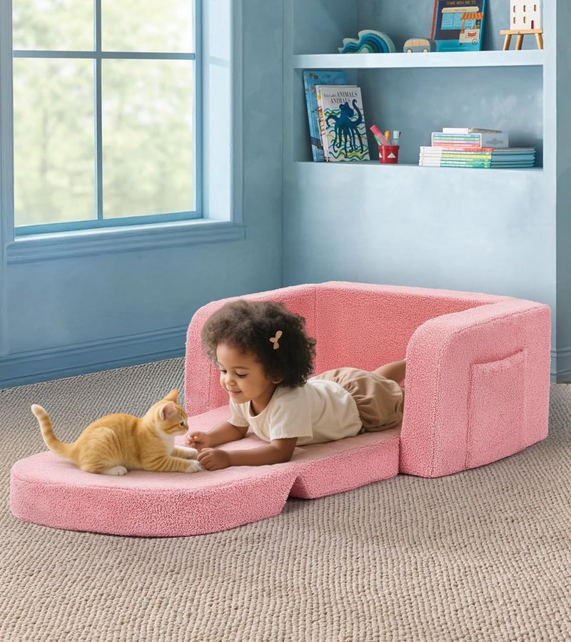 Foryoomi Kids Couch, 2-in-1 Soft Toddler Couch Fold Out with Blanket, Comfy Toddler Chair, Convertible Sofa, Gifts for Kids Girl Boys, Medium Colorful Pink Rainbow - Image 2